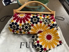 Furla Women's  Hand Bag Floral Cloth Canvas Wood Handles W/ Dust Bag
