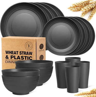 16-Piece Kitchen Plastic Wheat Straw Dinnerware Set, Service for 4, Black