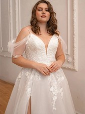 High Slit Spaghetti Straps V Neck Lace Wedding Dresses Applique A-line Gowns