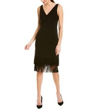 Adrianna Papell 297519 Women's Ottoman V Neck Fringe Dress, Black, 2