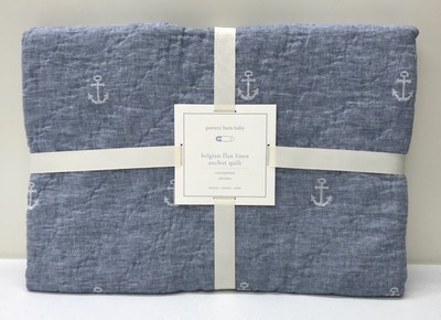 New Pottery Barn Kids Belgian Flax Linen Anchor Toddler Crib Quilt