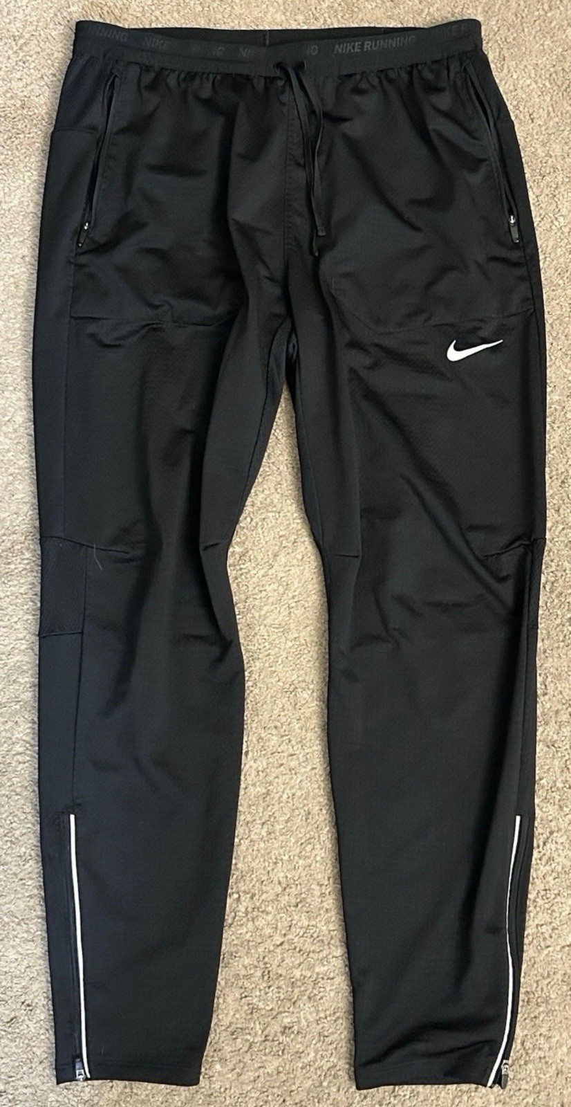 Nike Men's Running Track Pants Black L Drawstring Zip Pocket Reflective