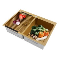 Gold Double Bowl Kitchen Sink, 304 Stainless Steel with Drainage Grids