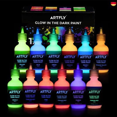 ARTFLY nachtleuchtende Farben, Fluoreszierende Leuchtfarbset mit 12 leuchtenden