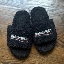 Balenciaga Black Furry Slide Slip-On Men's Slippers US Size 7 Comfort Fur Lined