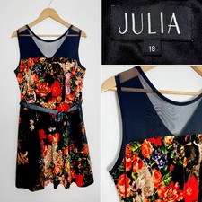 Julia Multicolour Floral Velour Velvet Fit & Flare Midi Dress Size 18 Occasion