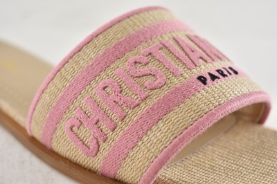 Christian Dior Dway Rose Begonia Pink Raffia Beige Logo Slide Flat