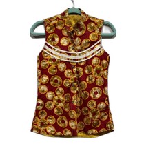 Blouse Sleeveless Women Small Handmade Button Front Top Red Gold African Print