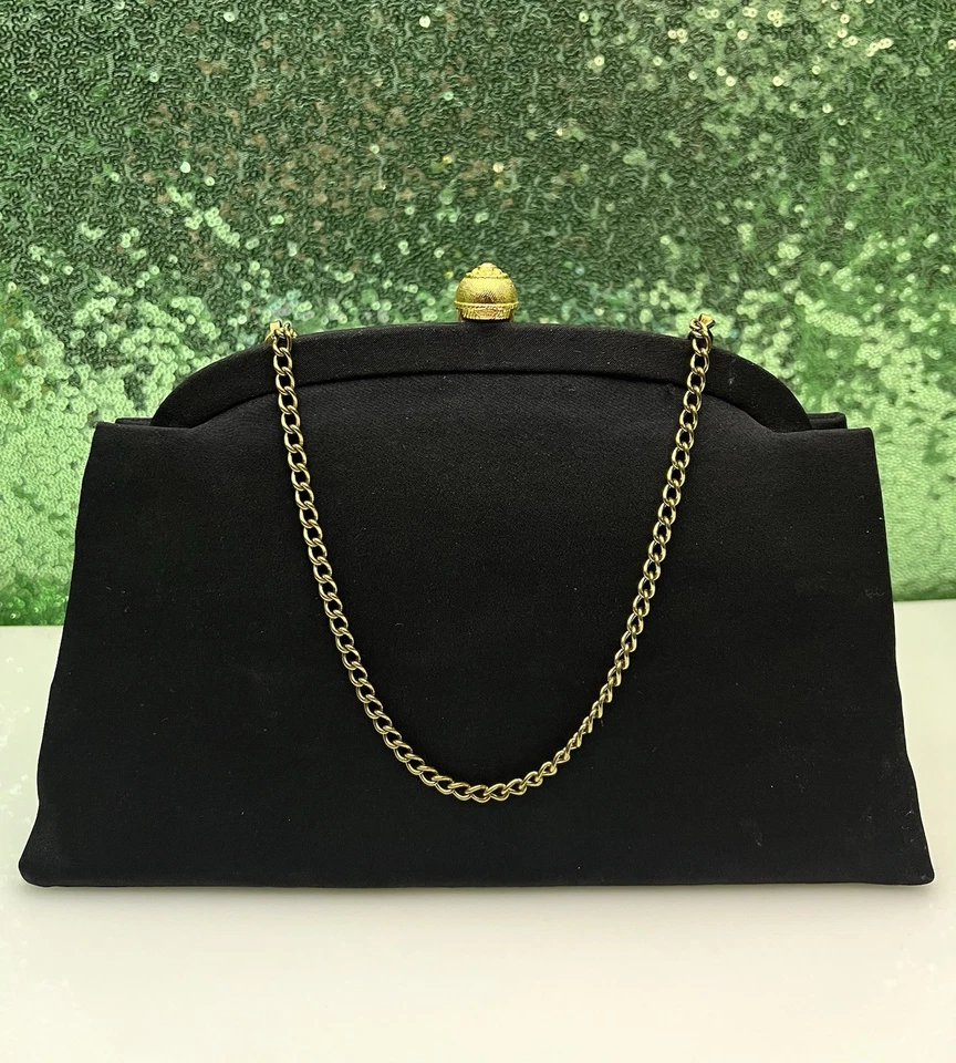 Vintage 50-60’s Black Clutch Evening Bag w/Gold Tone clasp & chain strap 10”x7” - Image 2 of 4