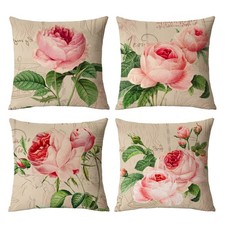 Set of 4 Rose Decorative Throw Pillow Covers 16x16 Inch Pink Floral Pillow Co...