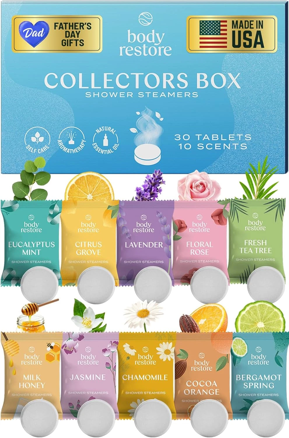 Body Restore Shower Steamers Aromatherapy 30 Pack – Fathers Day Gift for Dad, Bi