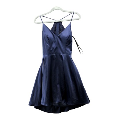 B. Darlin Satin Dress Size 7/8 Dark Blue Cut Out Lace Back Fit Flare Padded  Cami | eBay