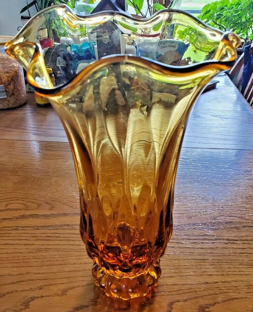 VINTAGE AMBER GLASS FLOWER VASE 12 1/2" eBay