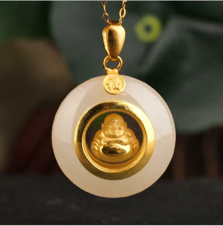 Peace Buddha Plated 999 Gold Inlaid Hetian Jade Peace Pendant no