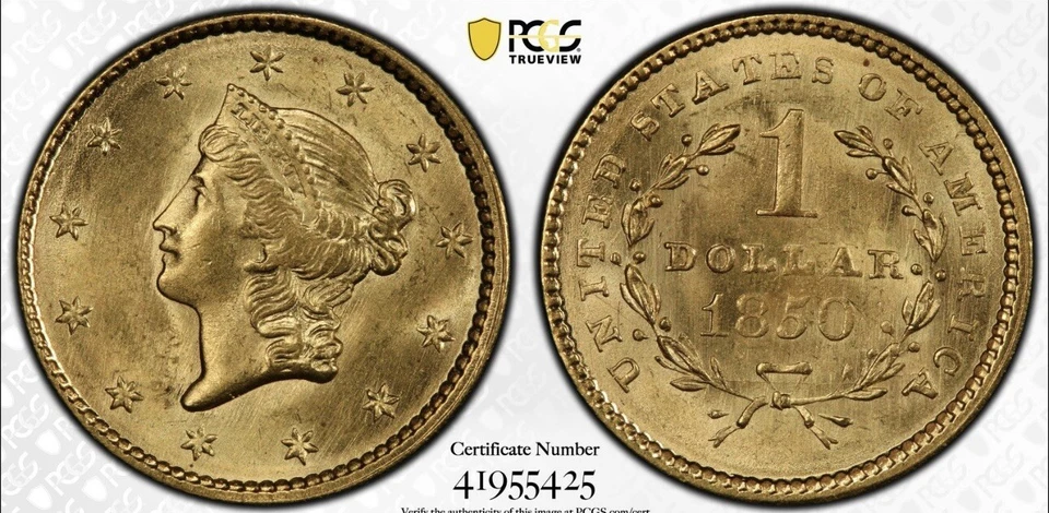 1850 G$1 PCGS MS66 Rare High Grade Pop 3/5 - Image 3 of 3