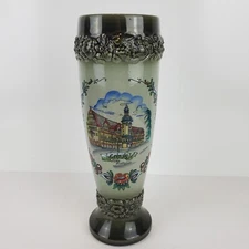 Vintage Handarbeit Pottery Painted Green Vase Handmade in Germany Signed 9.5"