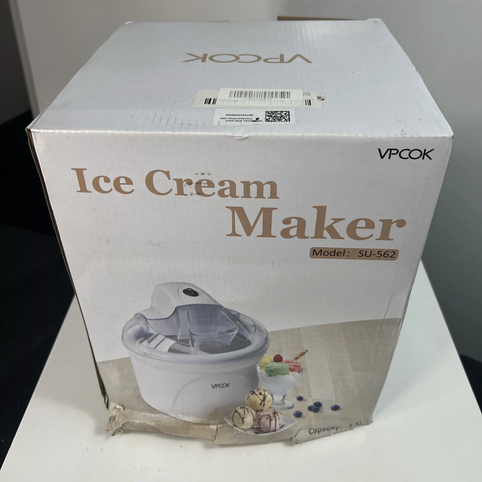 Ice cream maker 1.5 L automatic, low noise easy clean. New unopened damaged box.