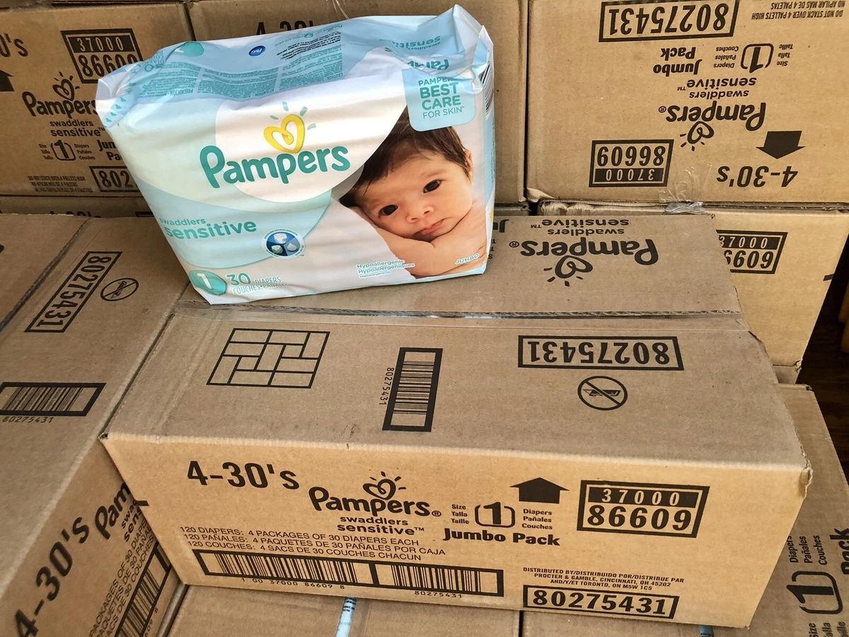 CASE OF 4 Pampers Swaddlers Sensitive Size 1 Hypoallergenic 30 Ct. (120)  Diapers