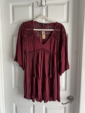 XS American Eagle Burgundy Boho Dress Tunic Lace 1/2 Sleeve Flutter Sundress