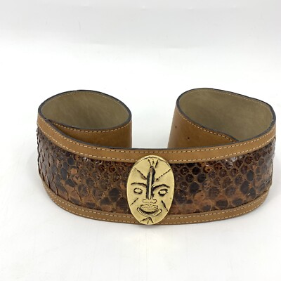 Enrico Creazioni Vintage Brown Leather Belt Snakeskin Brass Face Mask 32\