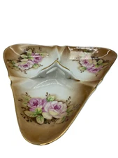 Ucagco Nappy Candy Nut Dish Floral Pink Rose 3 Compartment Handled Gold Trimmed