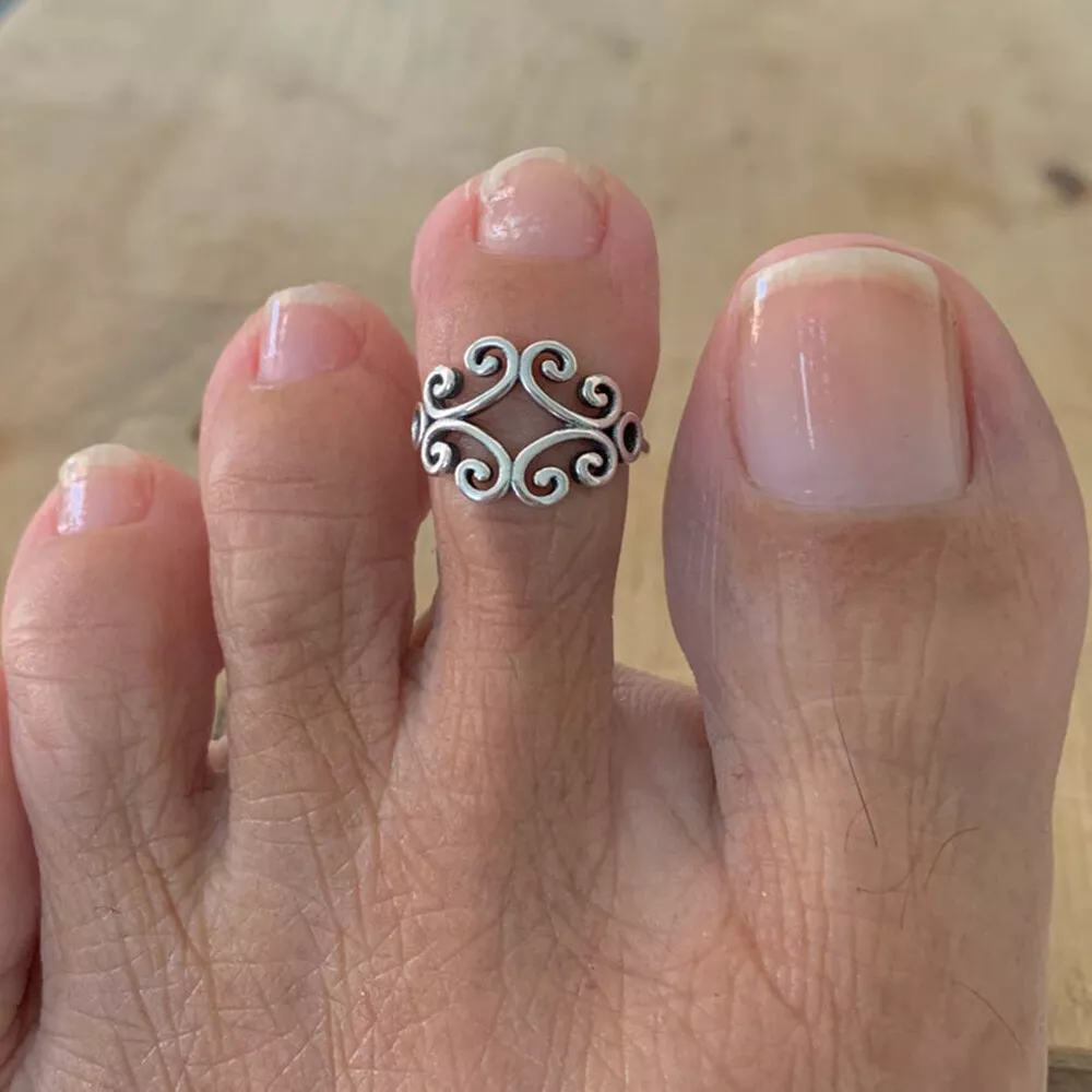 Multiple Swirl Adjustable Toe Ring Fine Solid Metal 925 Sterling Silver