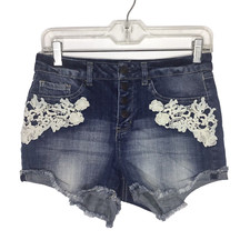 Mudd Womens Denim Cut Off Shorts Blue Distressed Lace Raw Hem Juniors Size 9