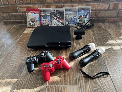 Sony PlayStation 3 (PS3) Console + 2 DualShock, Move Controllers, Eye + 5 Games