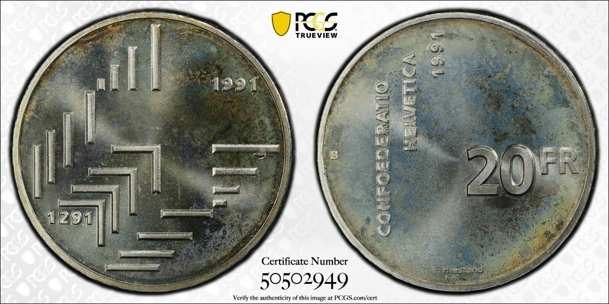 1991 Switzerland 20 Francs 700th Anniversary Swiss Confederation