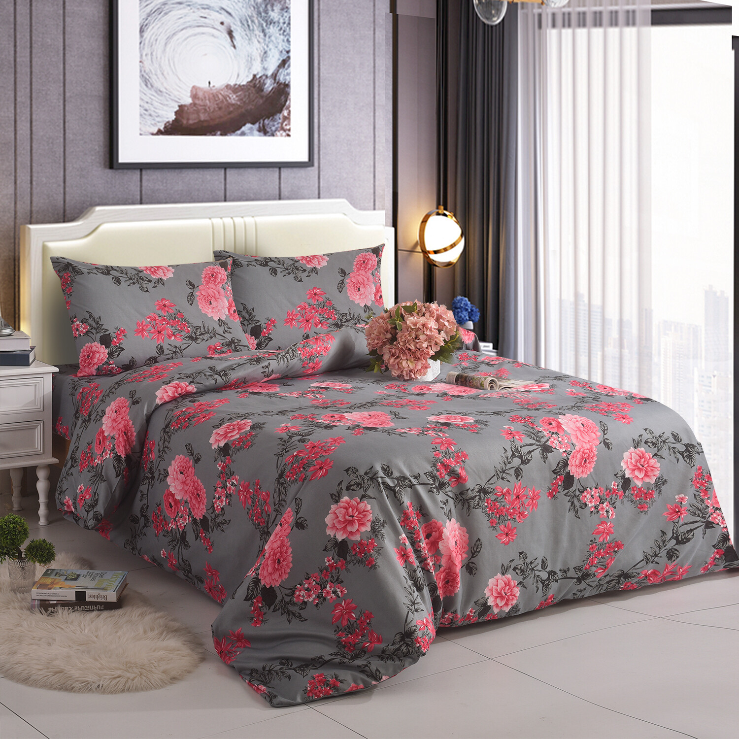 4PCs Complete Bedding Set Luxury Floral Duvet Cover Fitted Sheet With