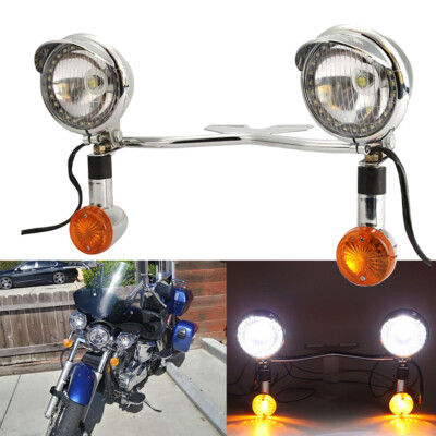 US Motorcycle Passing Auxiliary Fog lights lamps Bar fit Cruiser Choppber Bobber