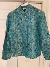 Chico's Sz S-0 Silk Turquoise Blue Green Metallic Asian Brocade Tapestry Jacket