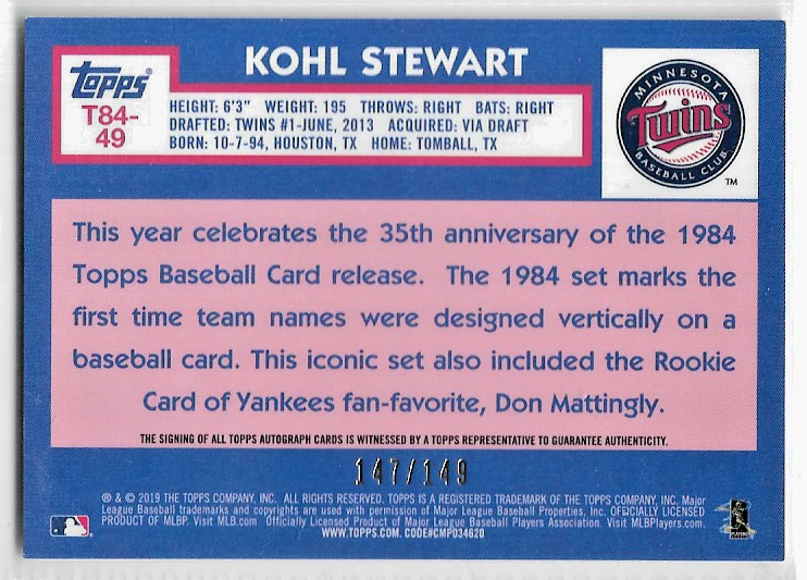 2019 Kohl Stewart Topps Auto Rookie Superfractor Topps Certified Autograph - Image 2 of 2