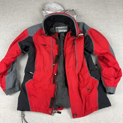 Spyder Jacket Mens Large Red Black Gray Ski Hooded Insulated Snow Colorblock