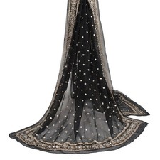Sushila Vintage Sequins Embellish Scrap Dupatta Pure Georgette Black Long Stole