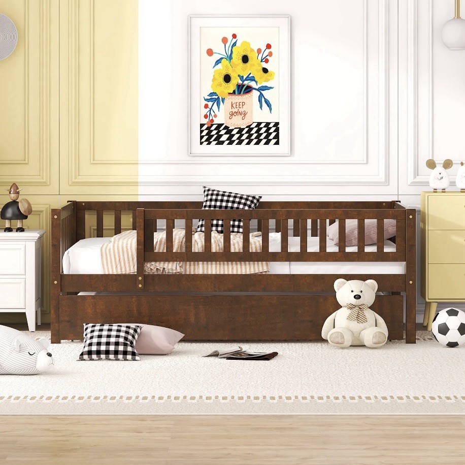 Twin Size Wood Daybed with Trundle and Fence Guardrails, Wal