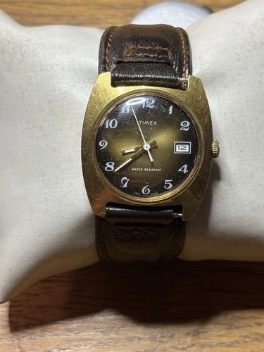 Vintage Timex Watch 1975 Sprite! Date Dial, Runs, Leather Cuff, 33mm, 19mm Lugs