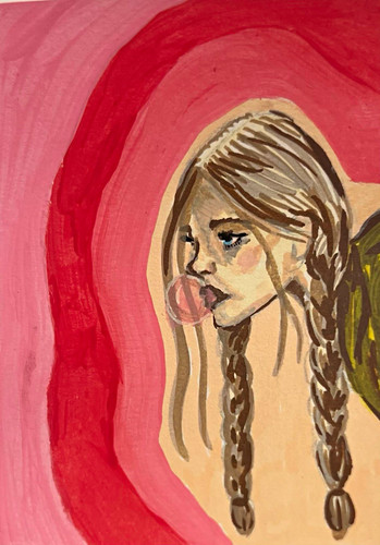 ACEO Original Modern Portrait Painting Woman With Braids Bubblegum  Unframed