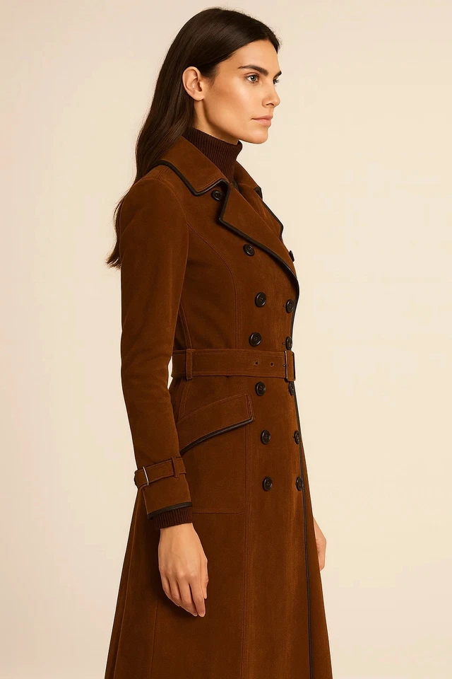 Trench coat feminino feito à mão de camurça marrom | Jaqueta longa com cinto peito duplo - Imagem 2 de 3