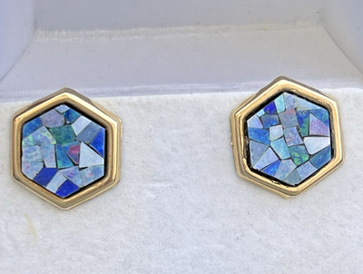 Vtg 14K Mosaic Opal Stud Earrings, Peter Brams PBD, Hexagon Shaped, 2.8 grams