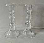 Pair of Signed Steuben Crystal Art Glass Baluster Teardrop Candlesticks, 9"
