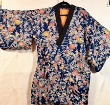 Vintage Japanese Satin Floral Kimono Robe Layering Dahlias Blue Red Art To Wear