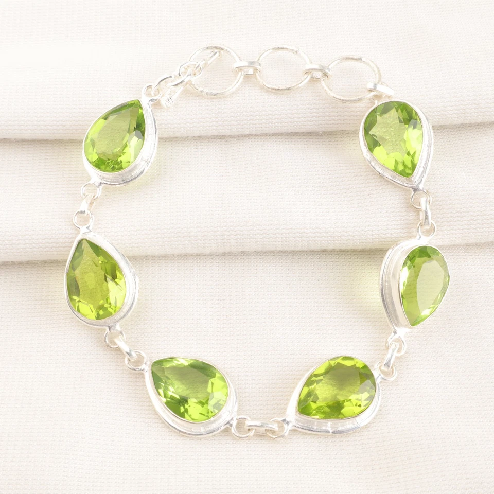 Gorgeous Peridot Gemstone 925 Sterling Silver Handmade Jewelry Bracelet 8" - Image 4 of 4