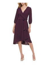 TOMMY HILFIGER Womens Purple Tie-belt Hem Lined 3/4 Sleeve Midi Dress 2