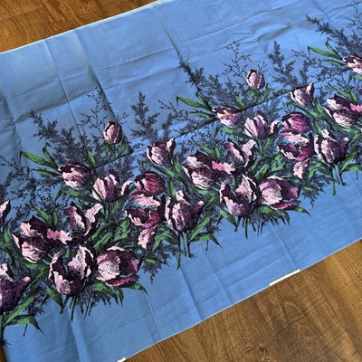 Vintage John Wolf Textiles 1950s Novelty Print Tulips Blue Cotton Fabric