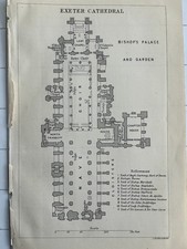 EXETER CATHEDRAL - 1892 Antique Floor Plan Original Religion Tombs Chapels