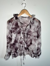 Whimsigoth Dark Fairy Witchy Womens Top Purple M Ruffle Tie Front Sheer