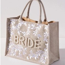 Bride Tote Bag Pearl Bead Embroidered Natural Jute Large Bridal Shower Gift