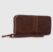 New! Vegan Suede Double Zippered Wallet In Chocolate Brown With Wristlet NWT!