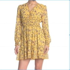 Max Studio Floral Mini Dress S Yellow Smocked Waist V-Neck Chiffon Cottagecore